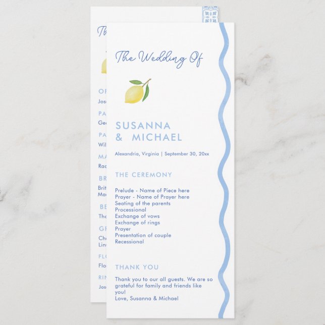 Boho Blue Squiggle Border Lemon Wedding Program Programm (Vorne/Hinten)