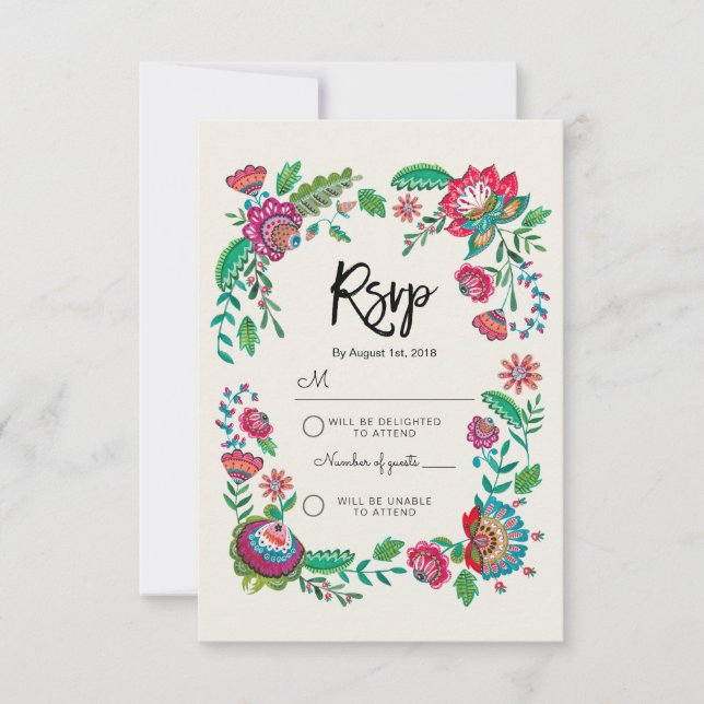 Boho Blue Stripe Folk Blume | UAwg Reply Wedding RSVP Karte (Vorderseite)