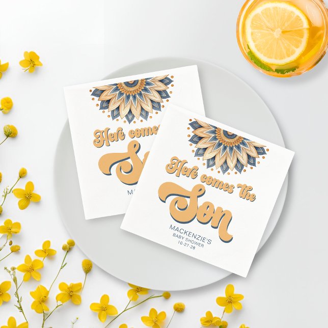 Boho Blue Sunflower Retro Typografie Baby Shower Serviette (Boho Blue Sunflower Retro Typography Baby Shower Napkins)