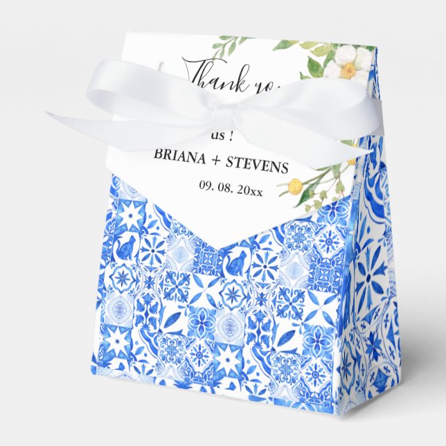 Boho Blue tile und Lemon Arch Hochzeit Vielen Dank Geschenkschachtel (Vorderseite)