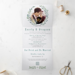 Boho Blue und Green Wreath Wedding Dreifach Gefaltete Einladung