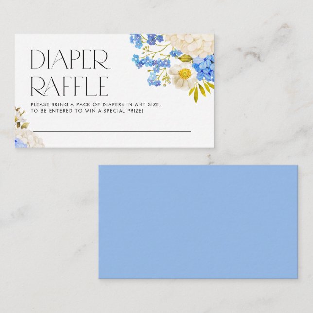 Boho Blue und White Hydrangeas Diaper Raffle Begleitkarte (Vorne/Hinten)
