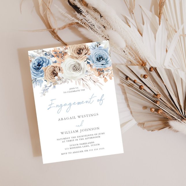 Boho Blue: Watercolor Boho Floral Engagement Party Einladung (Von Creator hochgeladen)