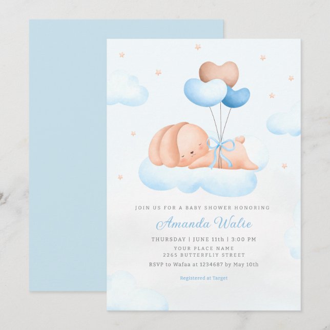 Boho Blue Watercolor Niedlich Balloon Babydusche Einladung (Vorne/Hinten)