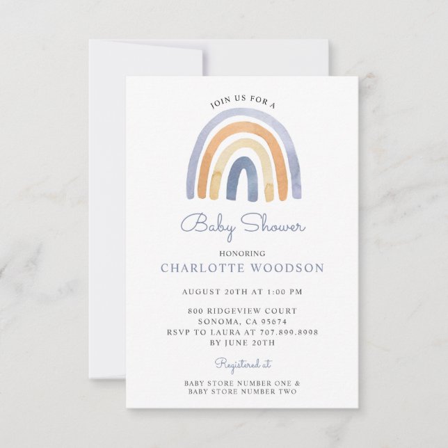 Boho Blue Watercolor Rainbow Baby Dusche Einladung (Vorderseite)