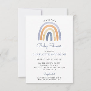 Boho Blue Watercolor Rainbow Baby Dusche Einladung