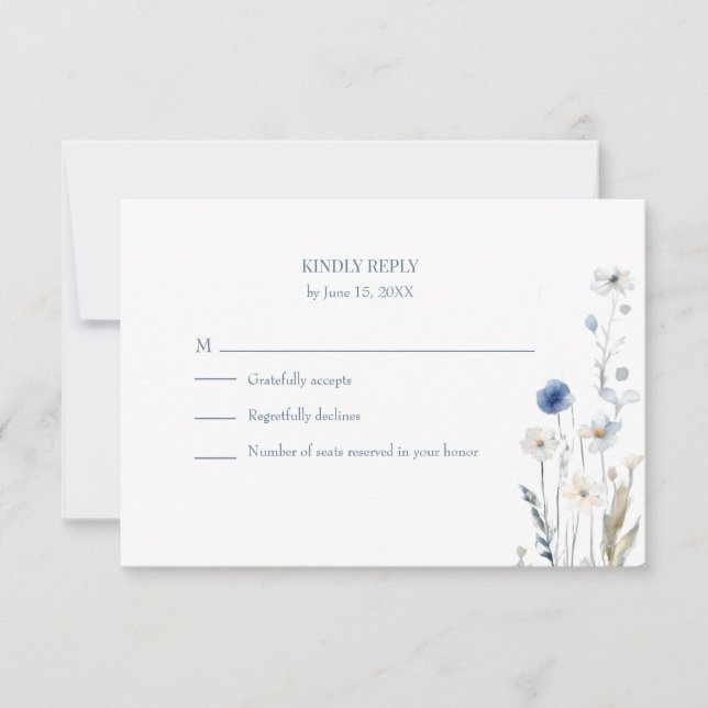Boho Blue Watercolor Wildflowers Wedding RSVP Card (Devant)