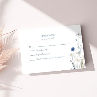 Boho Blue Watercolor Wildflowers Wedding RSVP Card Karte