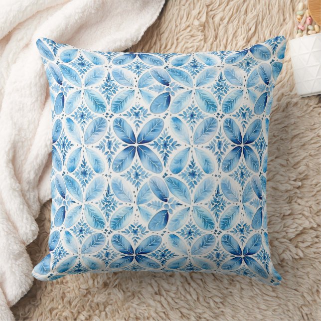 Boho Blue White Floral Abstrakt Kissen (Decke)