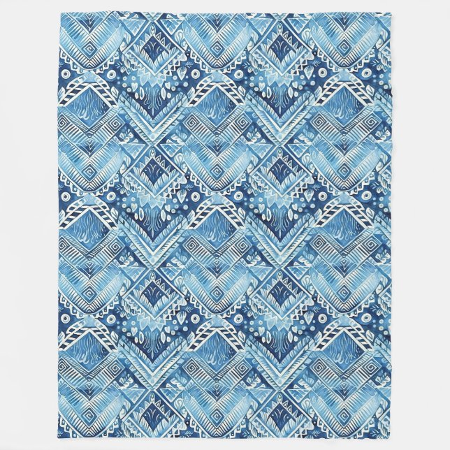 Boho Blue White Floral Hearts Abstrakt Fleecedecke (Vorderseite)