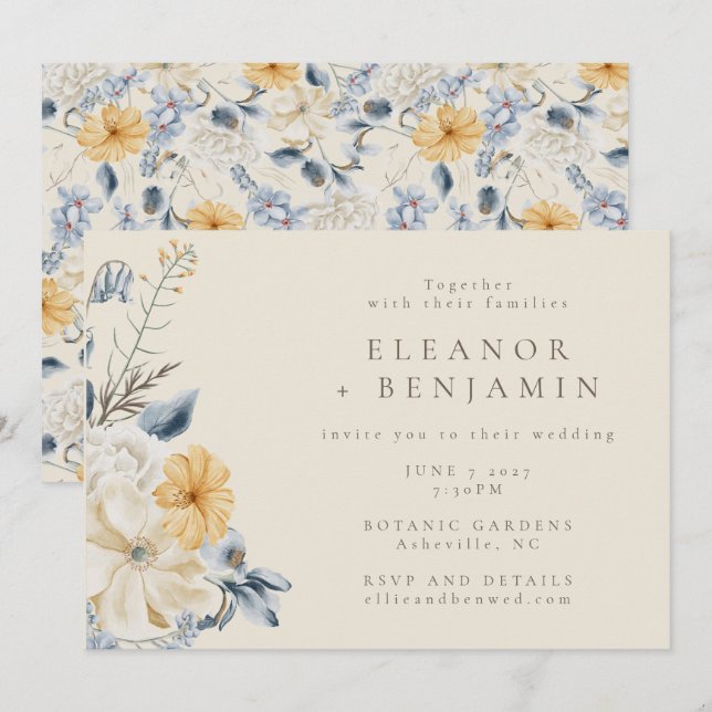 Boho Blue Yellow Floral Watercolor Muster Hochzeit Einladung (Vorne/Hinten)