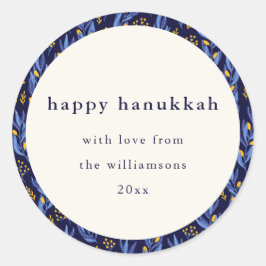 Boho Blue Yellow Hanukkah Botanical Custom Runder Aufkleber