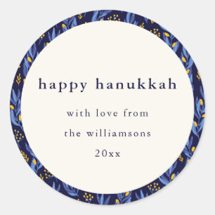 Boho Blue Yellow Hanukkah Botanical Custom Runder Aufkleber