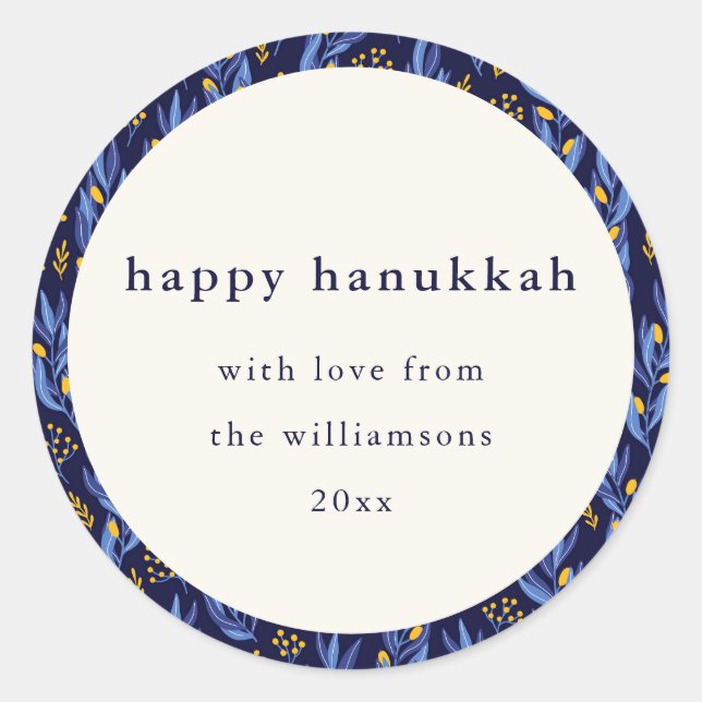 Boho Blue Yellow Hanukkah Botanical Custom Runder Aufkleber (Vorderseite)