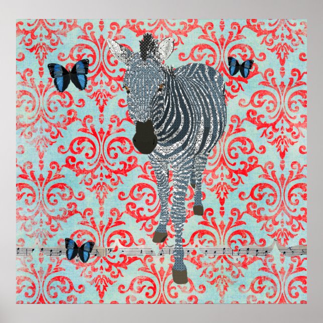 Boho Blue Zebra & Butterfliegen Damask Poster (Vorne)