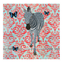 Boho Blue Zebra & Butterfliegen Damask Poster