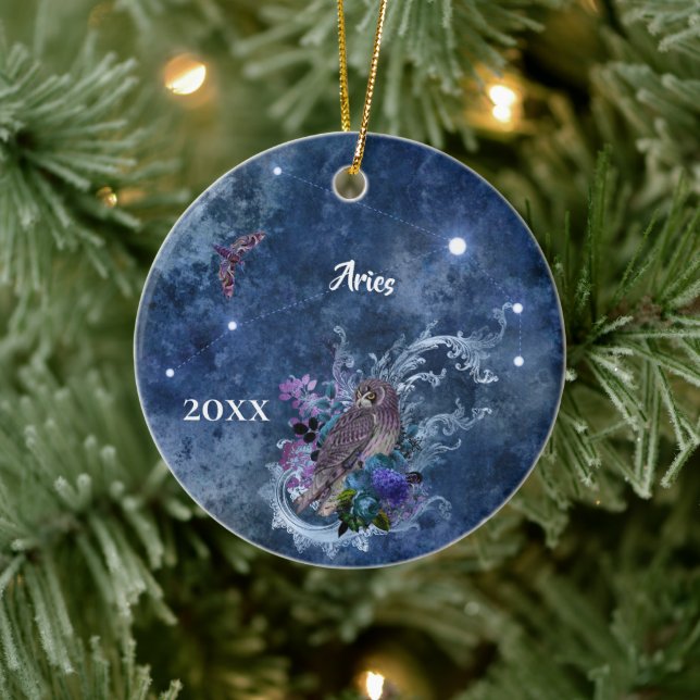 Boho Blue Zodiac Aries Constellation Keramik Ornament (Baum)
