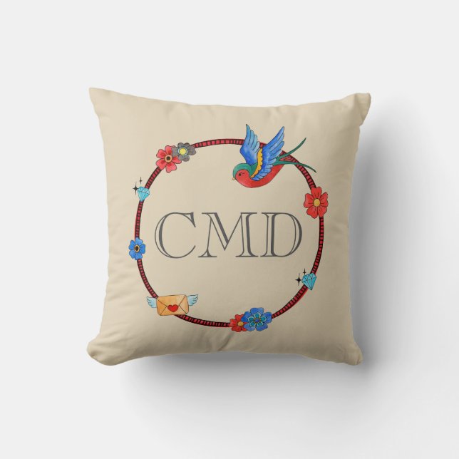 Boho Bluebird Monogramm Kissen (Vorderseite)