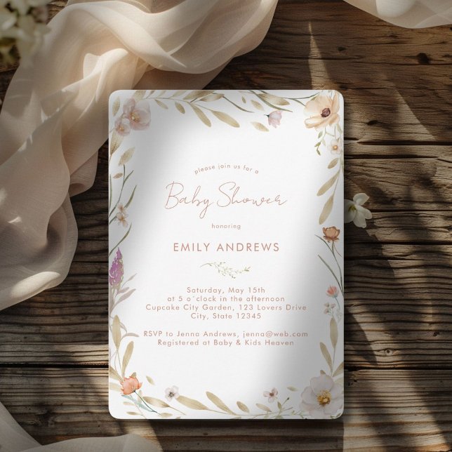 Boho Blume Baby Dusche Einladung (Boho Flower Baby Shower White-Pastel Invitation for Baby Girl & Baby Boy - Gender Neutral.)