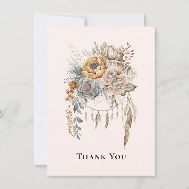 Boho Blume Bouquet in neutralen Farben Vielen Dank Dankeskarte (Vorderseite)