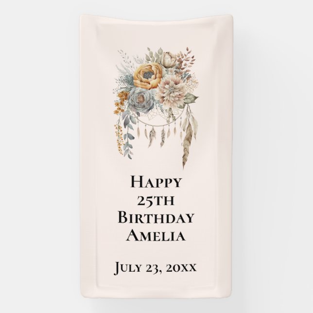 Boho Blume Bouquet und Dreamcatcher Geburtstag Banner (Vertikal)