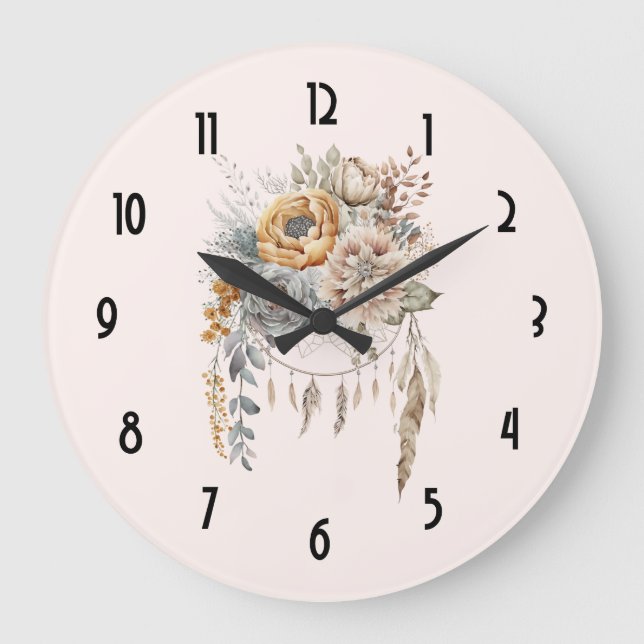 Boho Blume Bouquet und Dreamcatcher Große Wanduhr (Vorderseite)