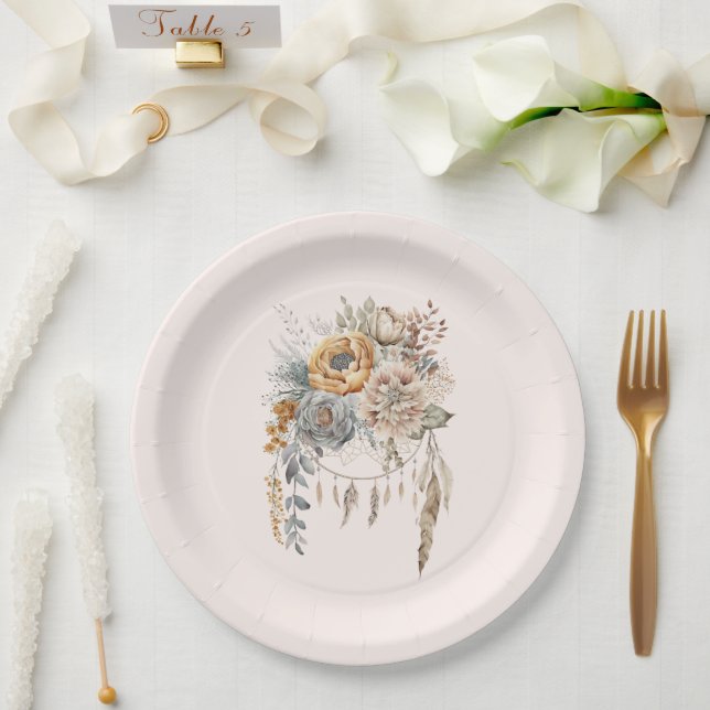 Boho Blume Bouquet und Dreamcatcher Pappteller (Hochzeit)