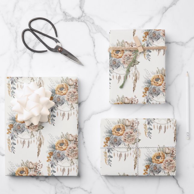 Boho Blume Bouquet und Dreamcatcher Pattern Geschenkpapier Set (Vorderseite)