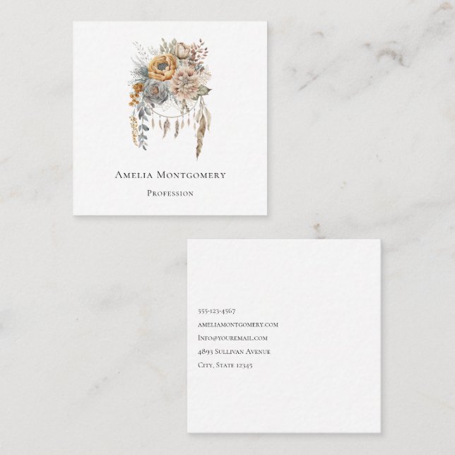 Boho Blume Bouquet und Dreamcatcher Quadratische Visitenkarte (Vorne/Hinten)