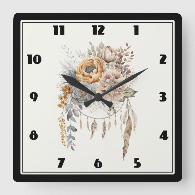 Boho Blume Bouquet und Dreamcatcher Quadratische Wanduhr (Vorderseite)