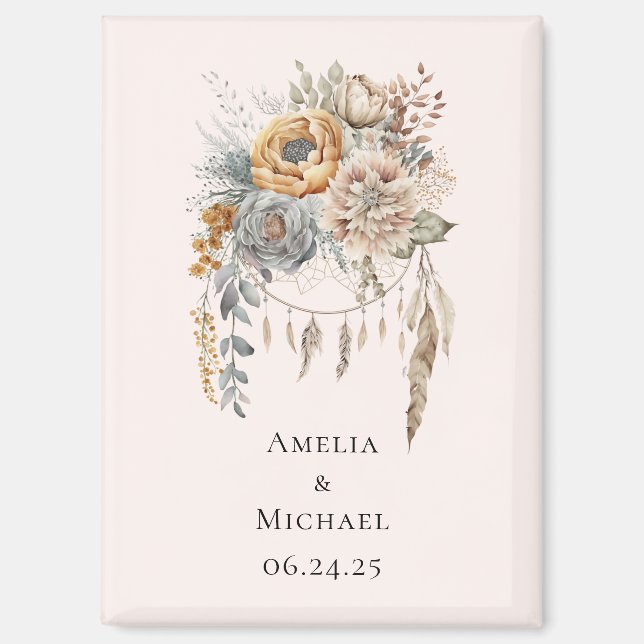 Boho Blume Bouquet und Dreamcatcher Save the Date Magnet (Vorderseite)