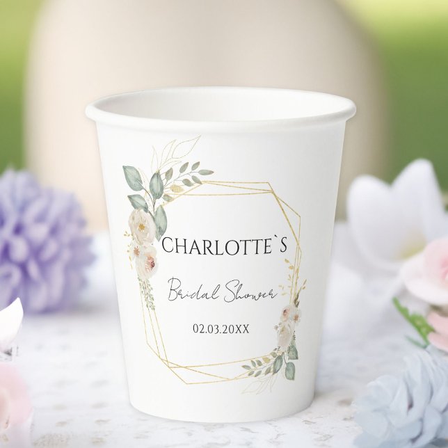 Boho Blume Brautparty Pappbecher (Boho Flower Eucalyptus Bridal Shower Paper Cups with your name and date.)