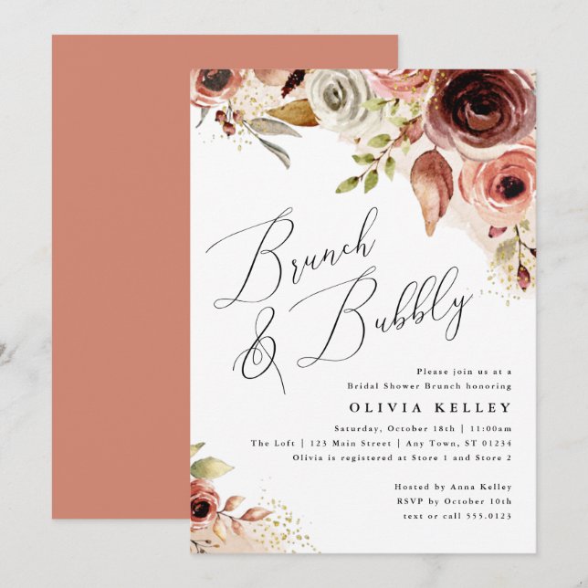 Boho Blume Brunch & Bubbly Earthy Brautparty Einladung (Vorne/Hinten)