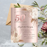 Boho Blume, Champagnerglas, Rose Gold 50. Einladung<br><div class="desc">Elegantes Champagnerglas und bohelle Blume auf goldenem Hintergrund der Rose.</div>