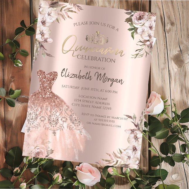 Boho Blume Dress Rose Gold Quinceanera Einladung (Von Creator hochgeladen)