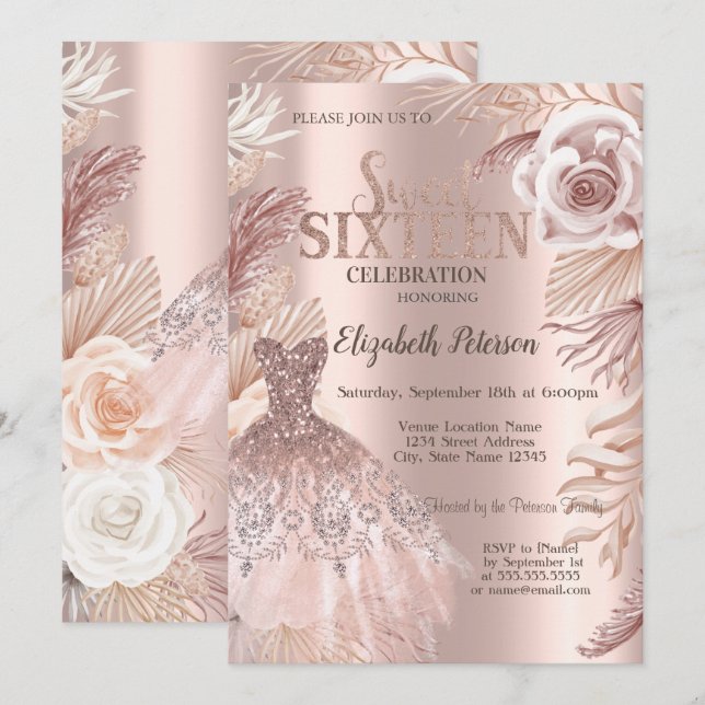 Boho Blume Dress Rose Gold Sweet 16 Einladung (Vorne/Hinten)