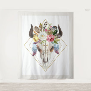 Boho Blume & Federn geometrischer Stielschädel Wandteppich