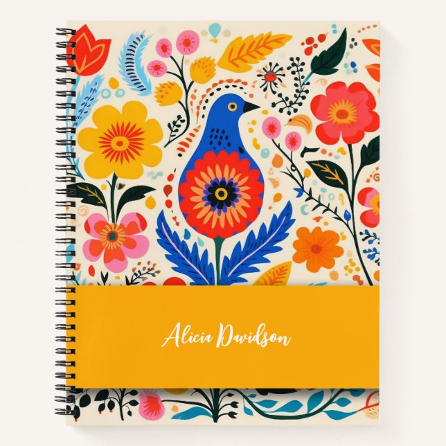Boho Blume Folk Blue Bird | Dein Name Notizbuch (Vorderseite)