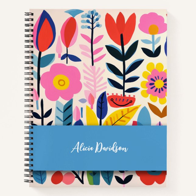 Boho Blume Folk Style Multicolor | Dein Name Notizbuch (Vorderseite)