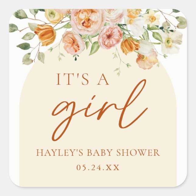 Boho Blume Girl Baby Dusche Es ist ein Mädchen Quadratischer Aufkleber (Vorderseite)