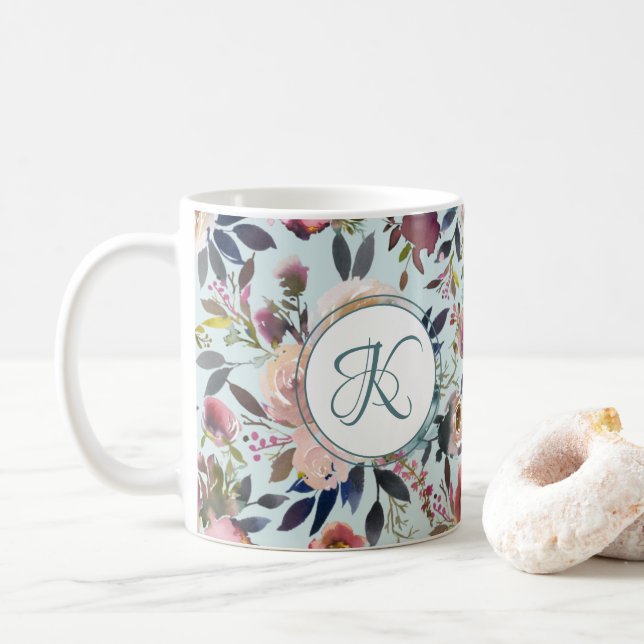 Boho Blume Green Pink Monogrammiert Kaffeetasse (Mit Donut)