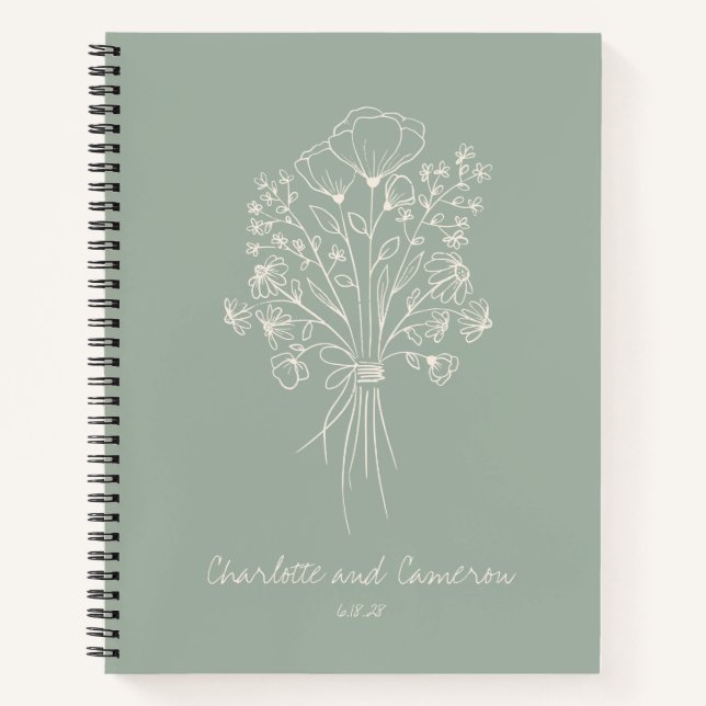 Boho Blume Line Art Personalisierte Hochzeit Notizbuch (Vorderseite)