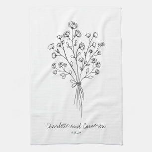 Boho Blume Line Art Zeichnend Personalisierte Hoch Geschirrtuch