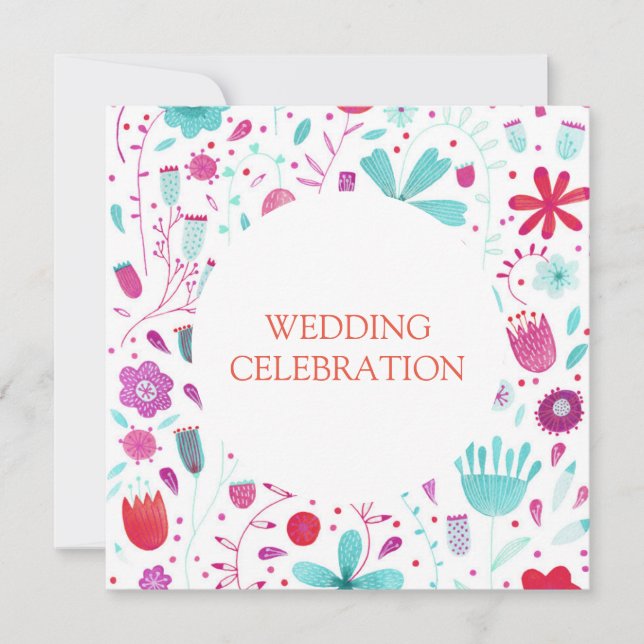 Boho Blume Meadow Watercolor Aquamarine Hochzeit Einladung (Vorderseite)