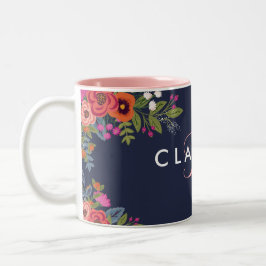 Boho Blume - Navy Blue mit rosa Monogram Zweifarbige Tasse
