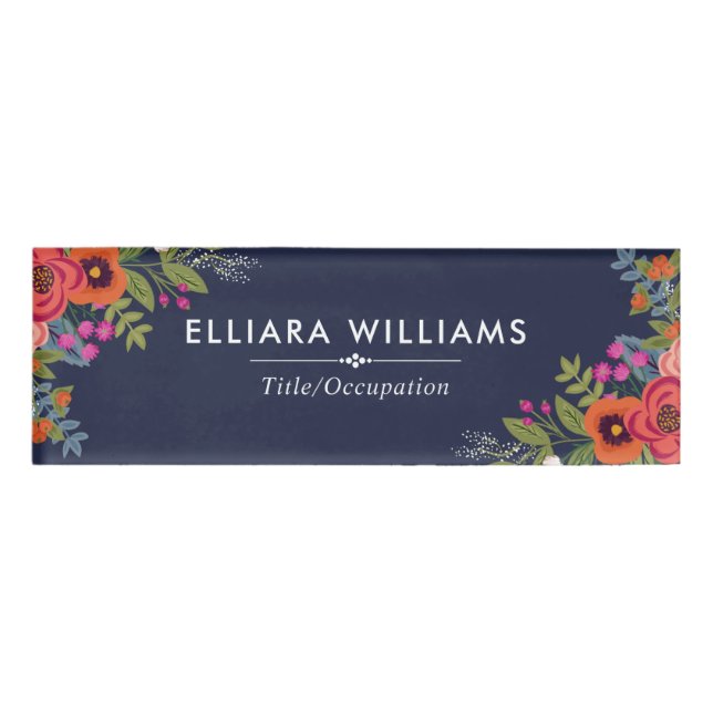 Boho Blume - Navy Blue & White Namenschild (Vorderseite)