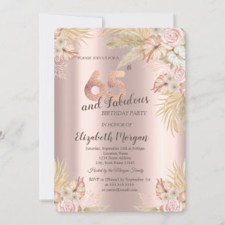 Boho Blume, Pampas Grass Rose Gold 65. Geburtstag Einladung