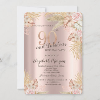 Boho Blume, Pampas Grass Rose Gold 90. Geburtstag Einladung