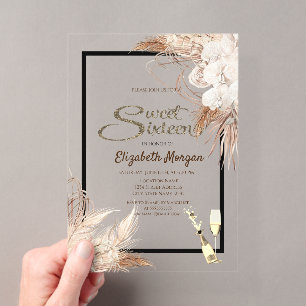 Boho Blume Pampas Grass Wood Sweet 16 Acryleinladungen