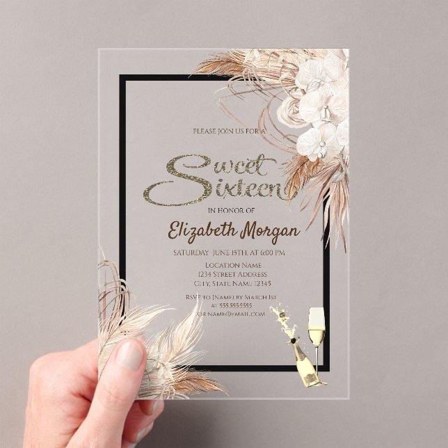 Boho Blume Pampas Grass Wood Sweet 16 Acryleinladungen (Insitu (Handheld))